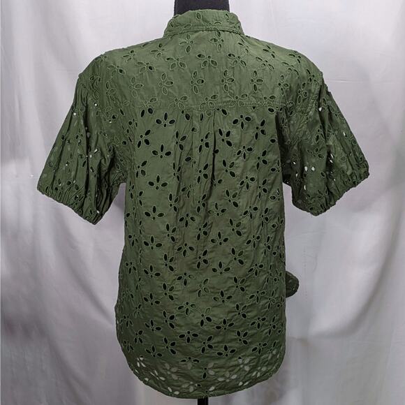 J.Crew Mozy Green Eyelet Top Sz 4 Puff Sleeve Boho Earthy Lagenlook Blouse - Picture 14 of 14